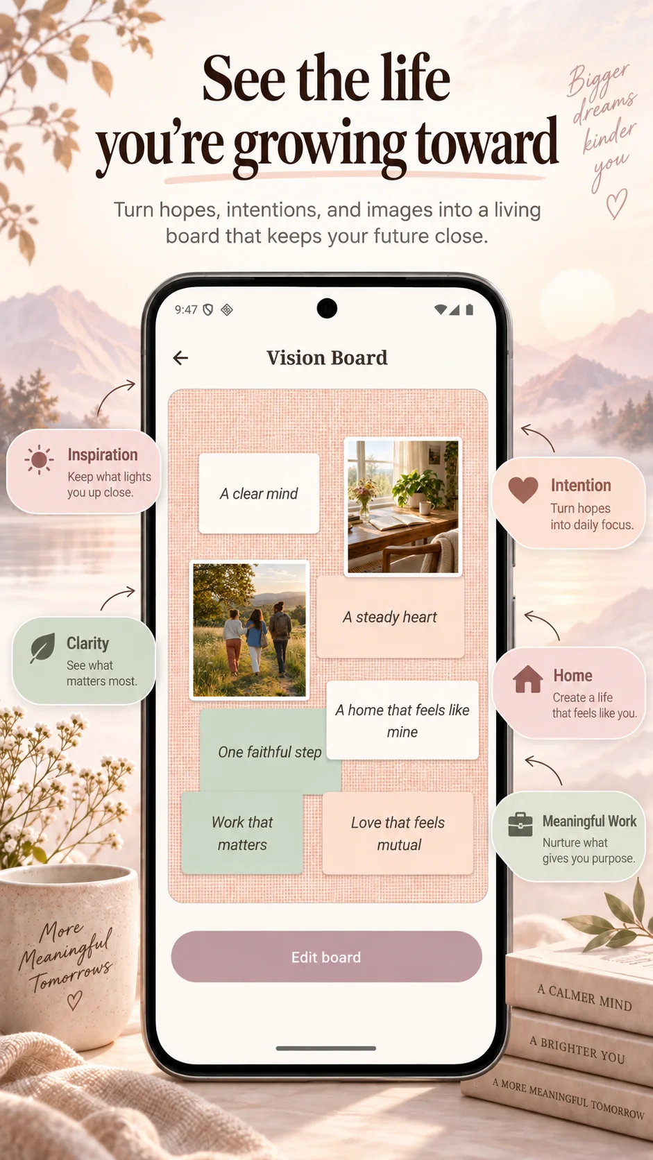 Divine Journey Vision Board with intentions, images, clarity, home, and meaningful work