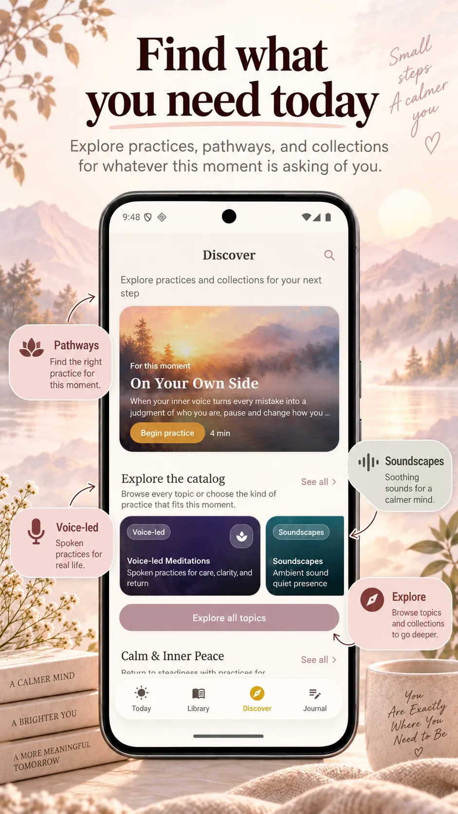 Divine Journey Discover screen with a featured guided session and collections chosen for a path