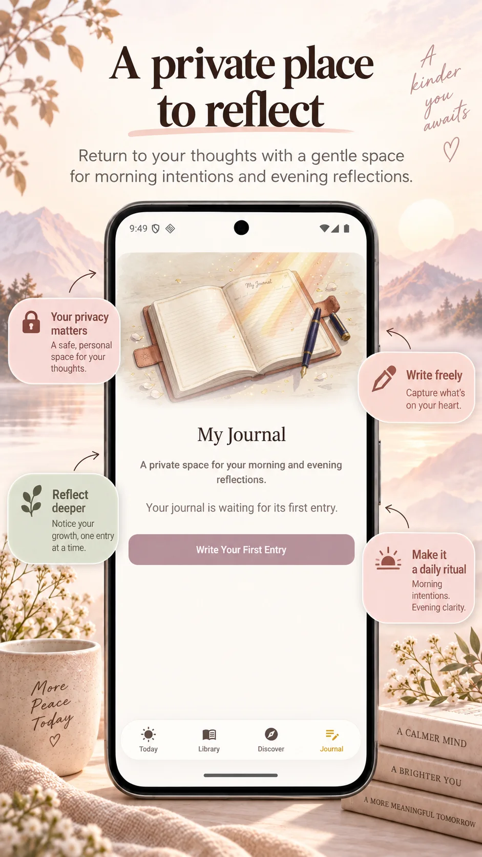 Divine Journey journal showing gratitude entries, reflection history, and morning and evening check-ins