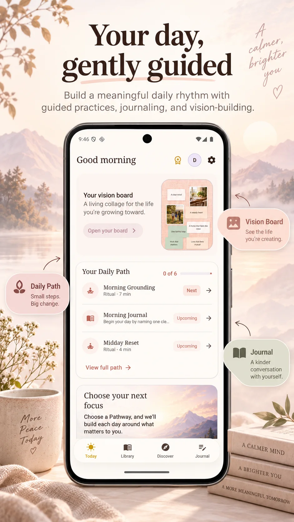 Divine Journey Today screen with a personalized affirmation, daily inspiration, and a morning practice